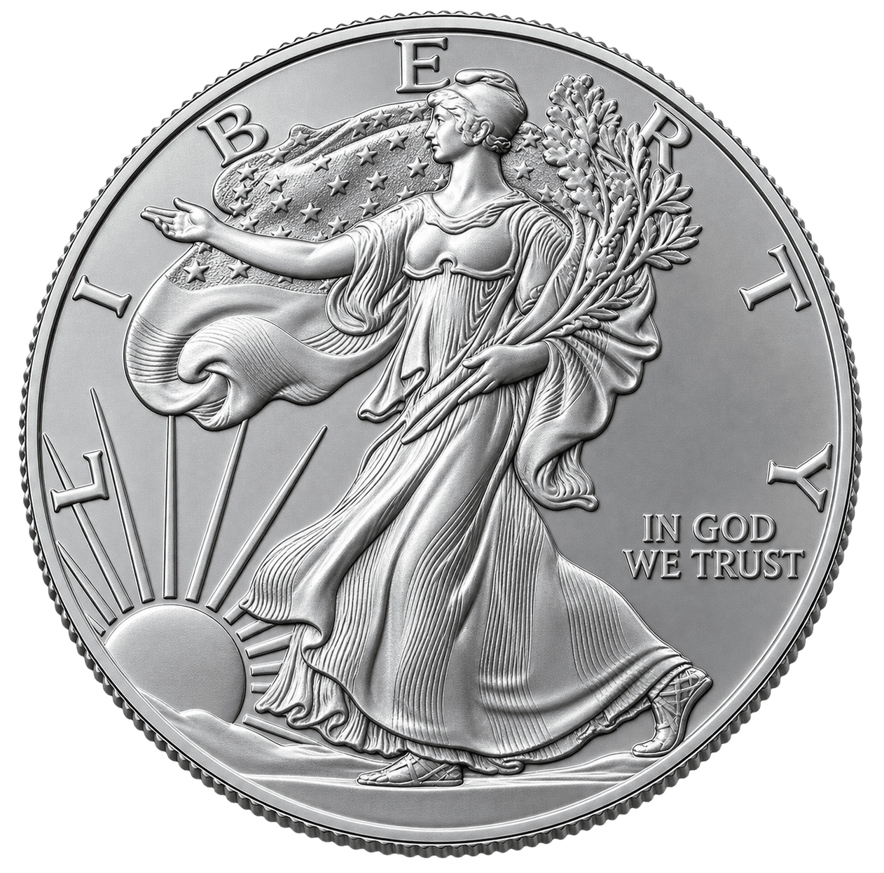 1 oz. American Silver Eagle coin for sale, .999 fine silver bullion struck by the U.S. Mint, obverse Walking Liberty design