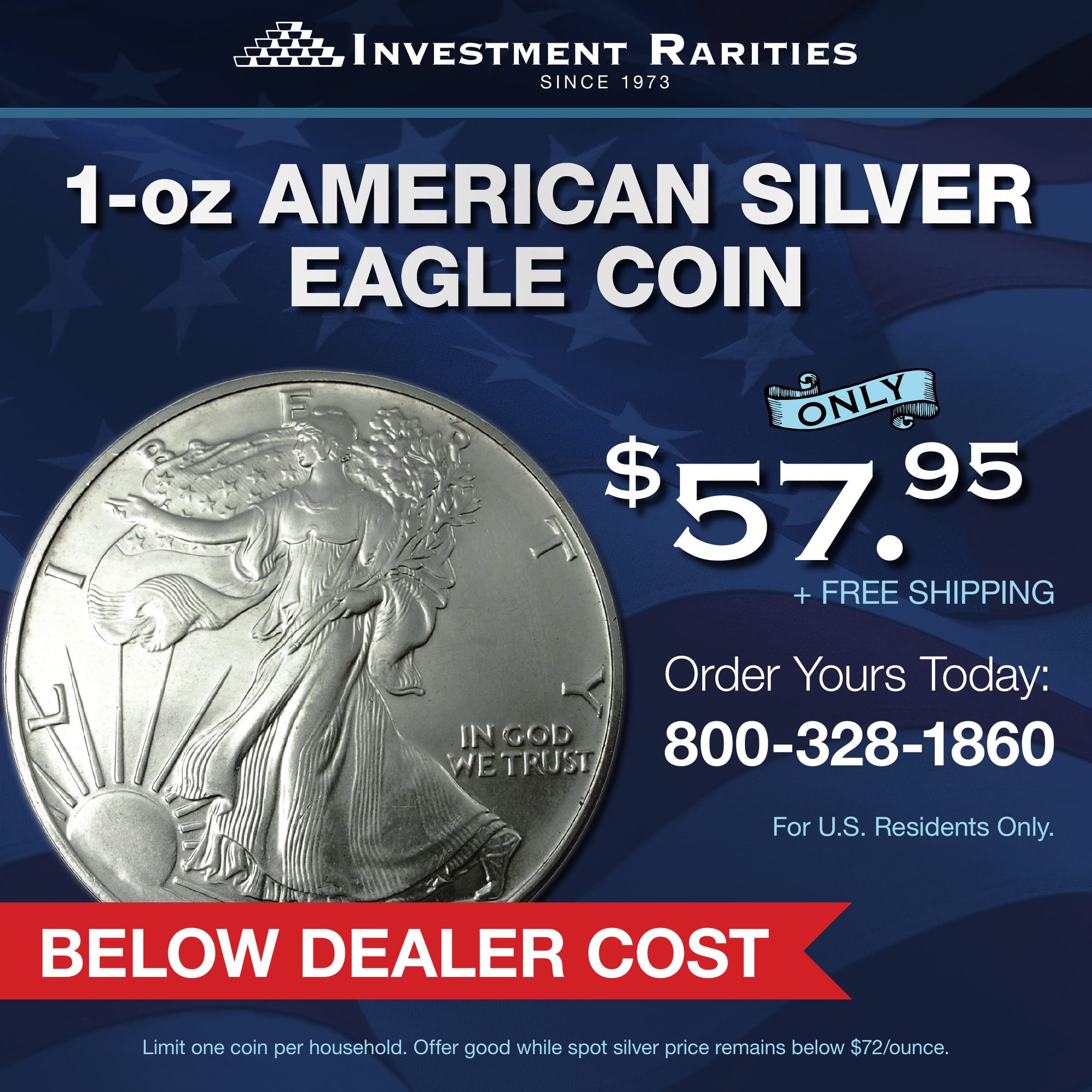 1 oz. American Silver Eagle silver bullion coins available to U.S. residents from Investment Rarities