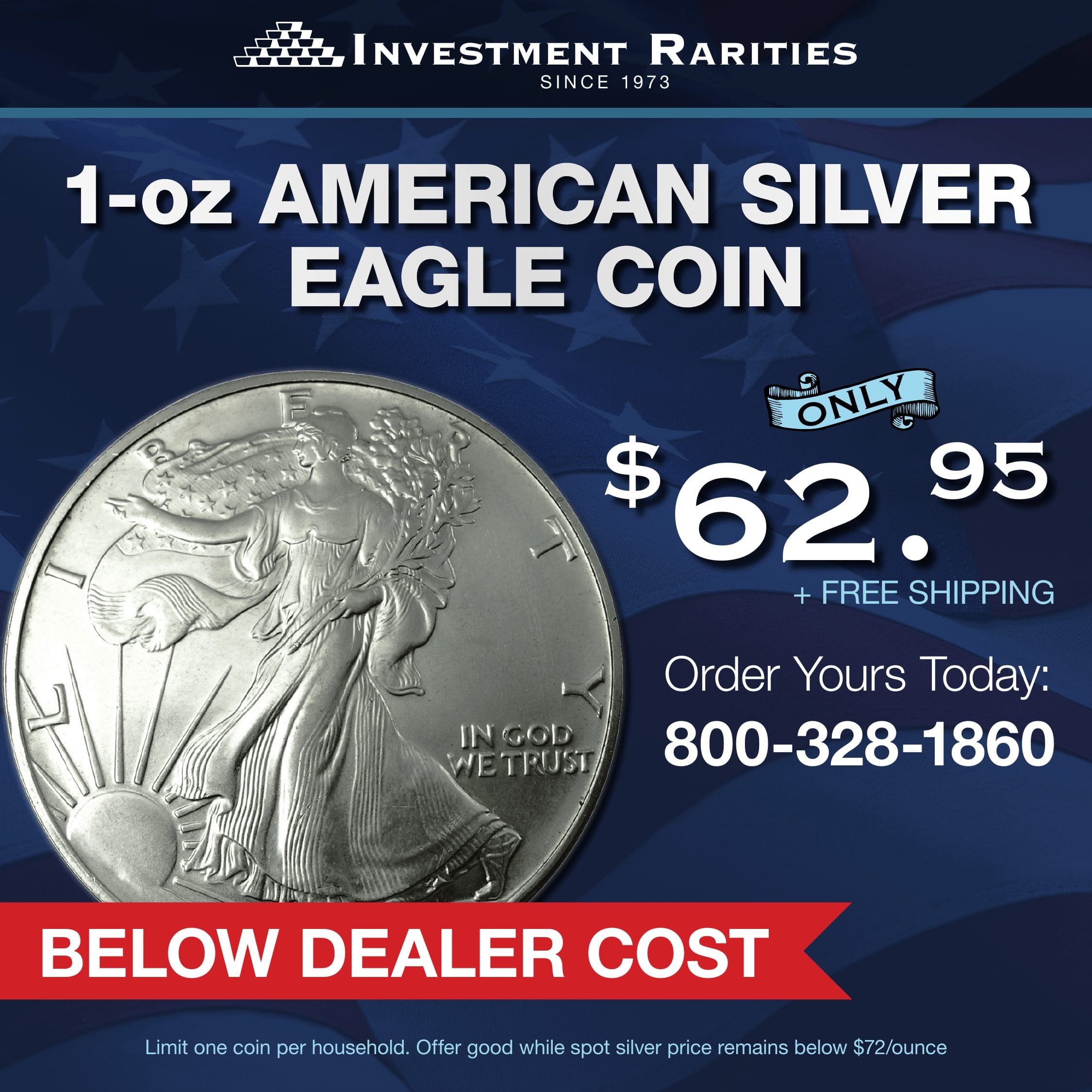 1 oz. American Silver Eagle silver bullion coins available for purchase from Investment Rarities